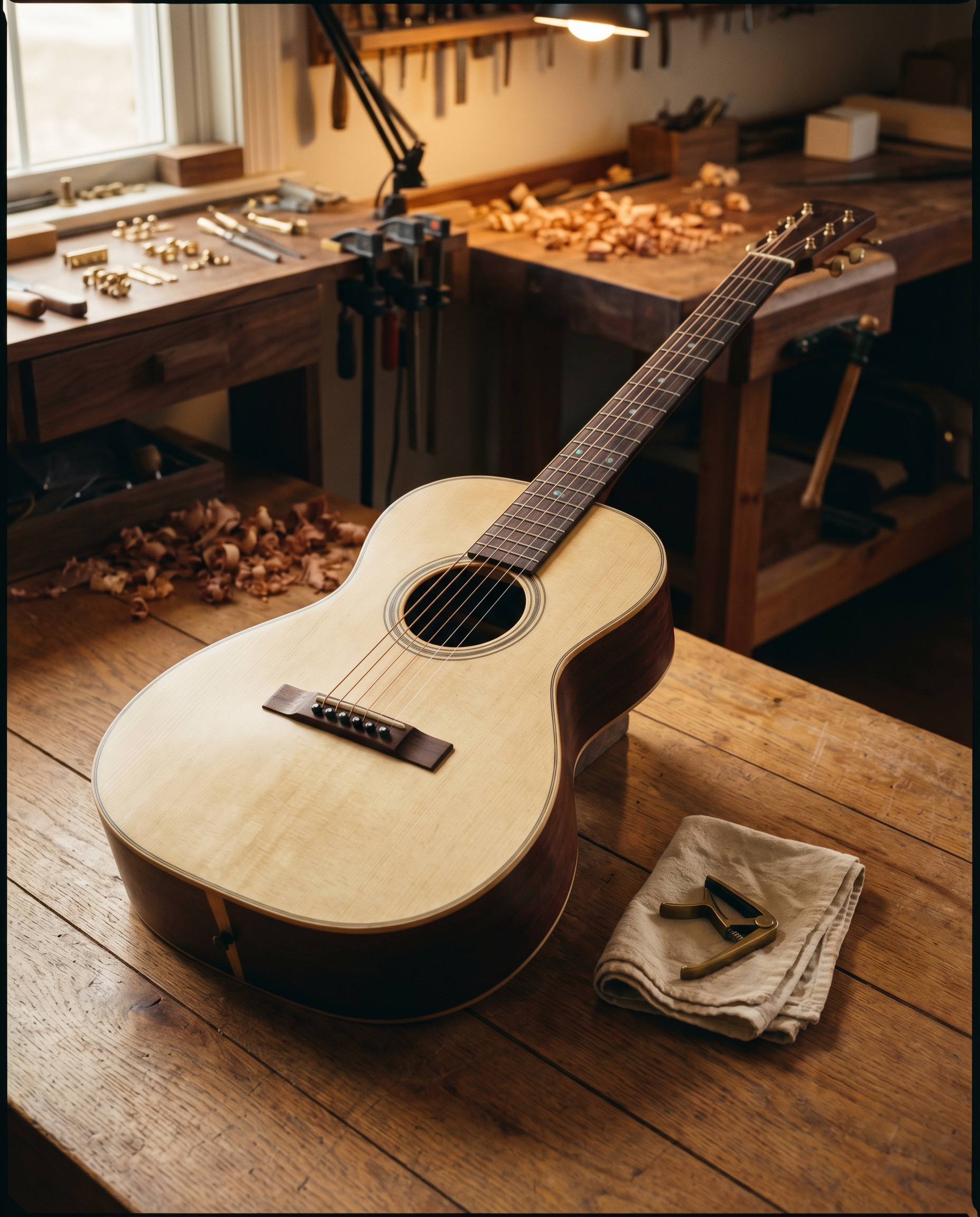 An Adirondack-spruce-topped parlor guitar with a Honduran mahogany back, photographed on warm oak floorboards in soft window light.