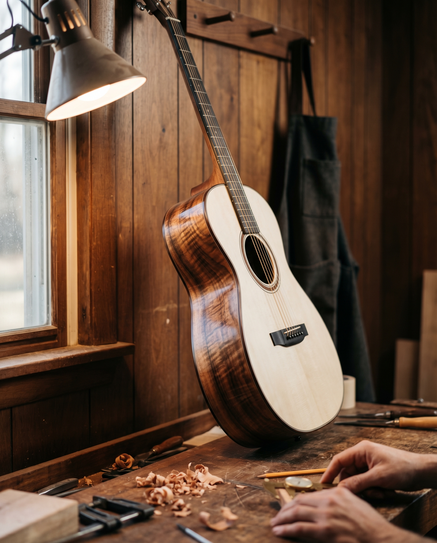 A concert 00 acoustic guitar with a deeply figured California walnut back leaning against a walnut-panelled shop wall in warm raking light.