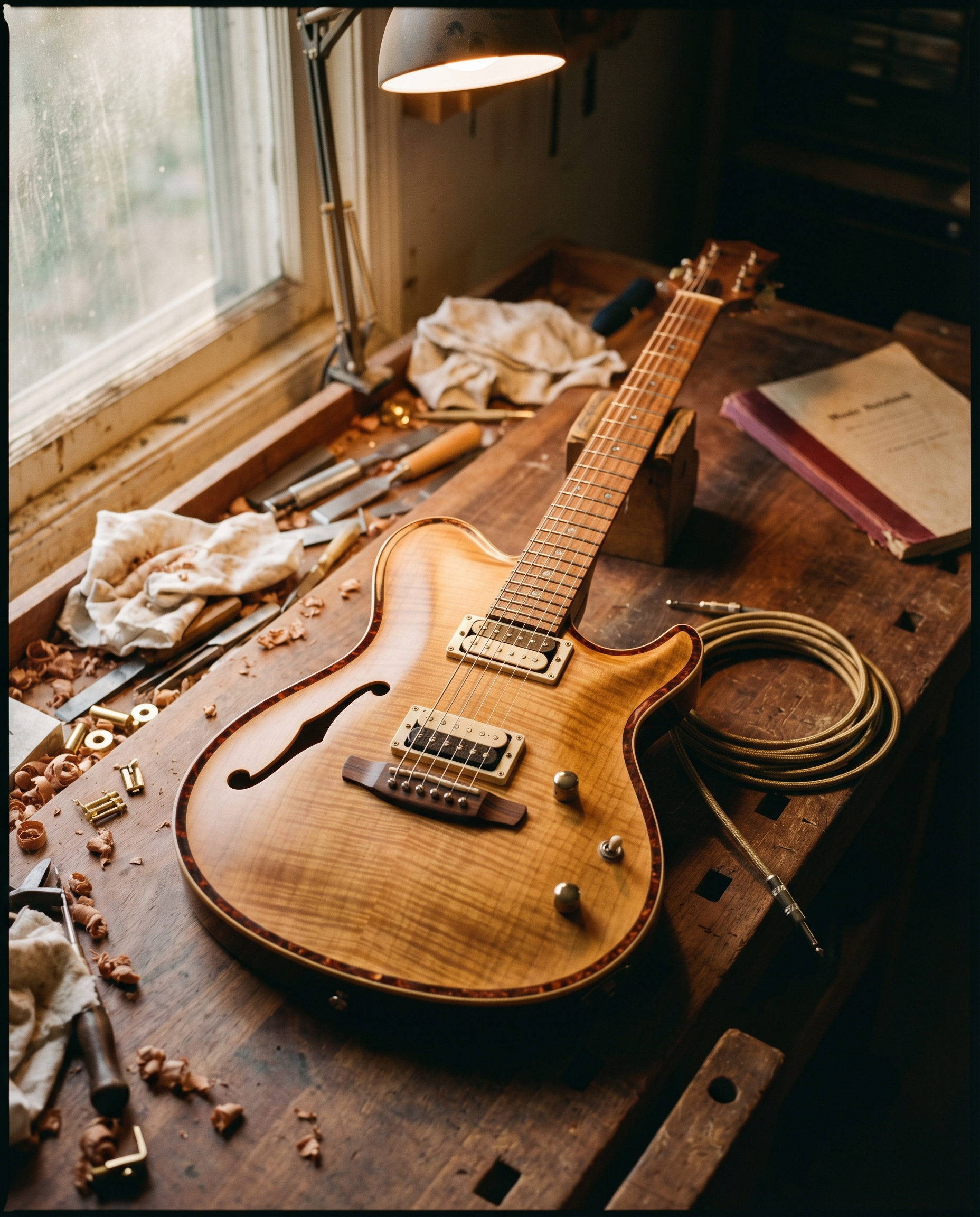 A semi-hollow thinline electric guitar with a figured roasted-maple top in transparent honey-amber, lying flat on a walnut workbench in warm light.