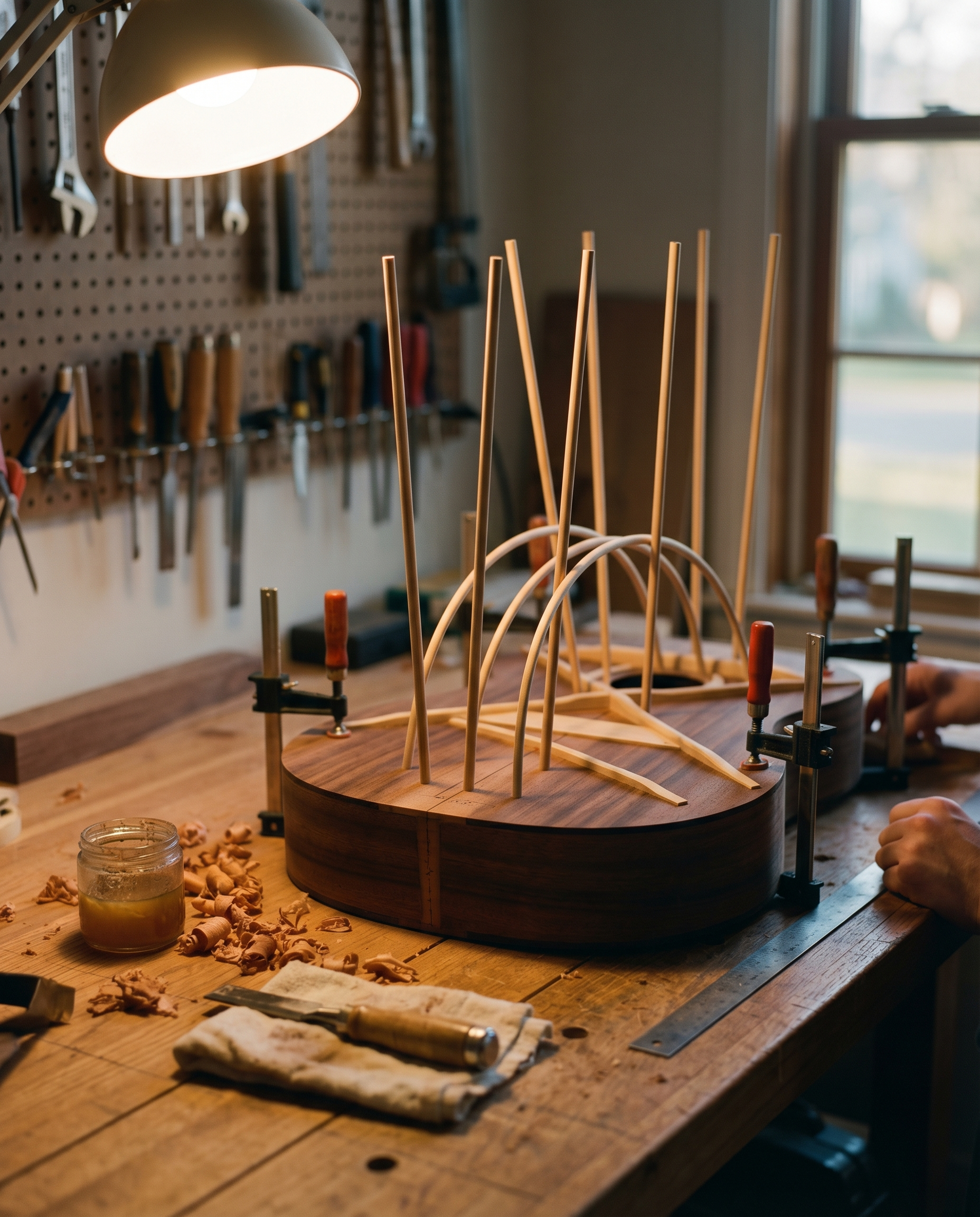 A bookmatched Honduran mahogany guitar back clamped in a go-bar deck on Jamie's workbench, lit by warm afternoon light.